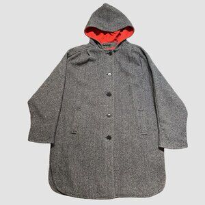 Vintage Herringbone Wool Coat Cape L XL Red Lining Hooded Cloak Made in USA READ